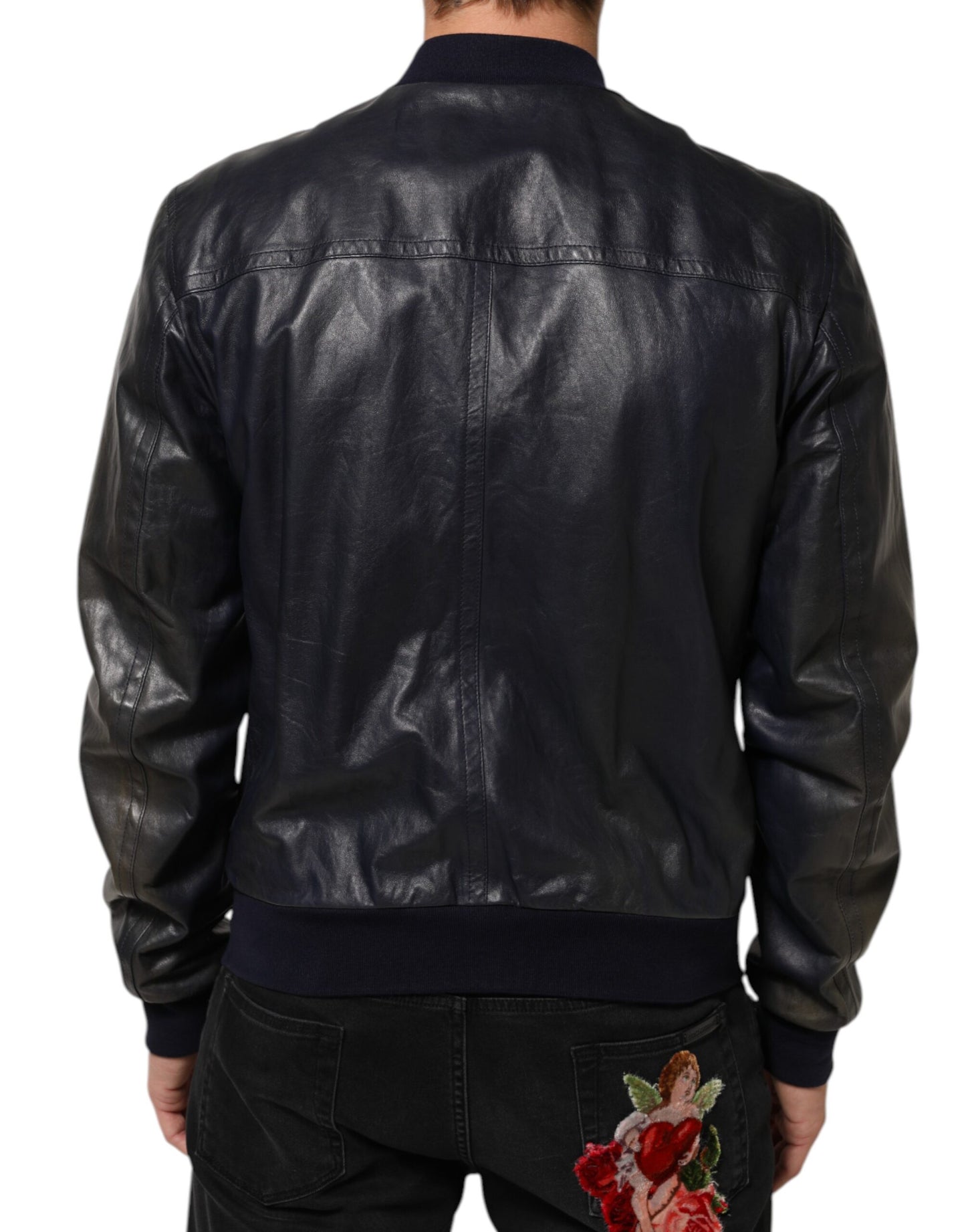 Blouson en cuir bleu à fermeture éclair intégrale, style motard, Dolce & Gabbana