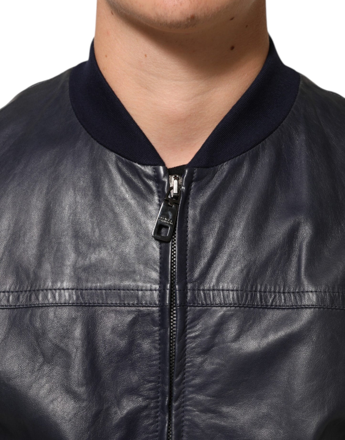 Blouson en cuir bleu à fermeture éclair intégrale, style motard, Dolce & Gabbana