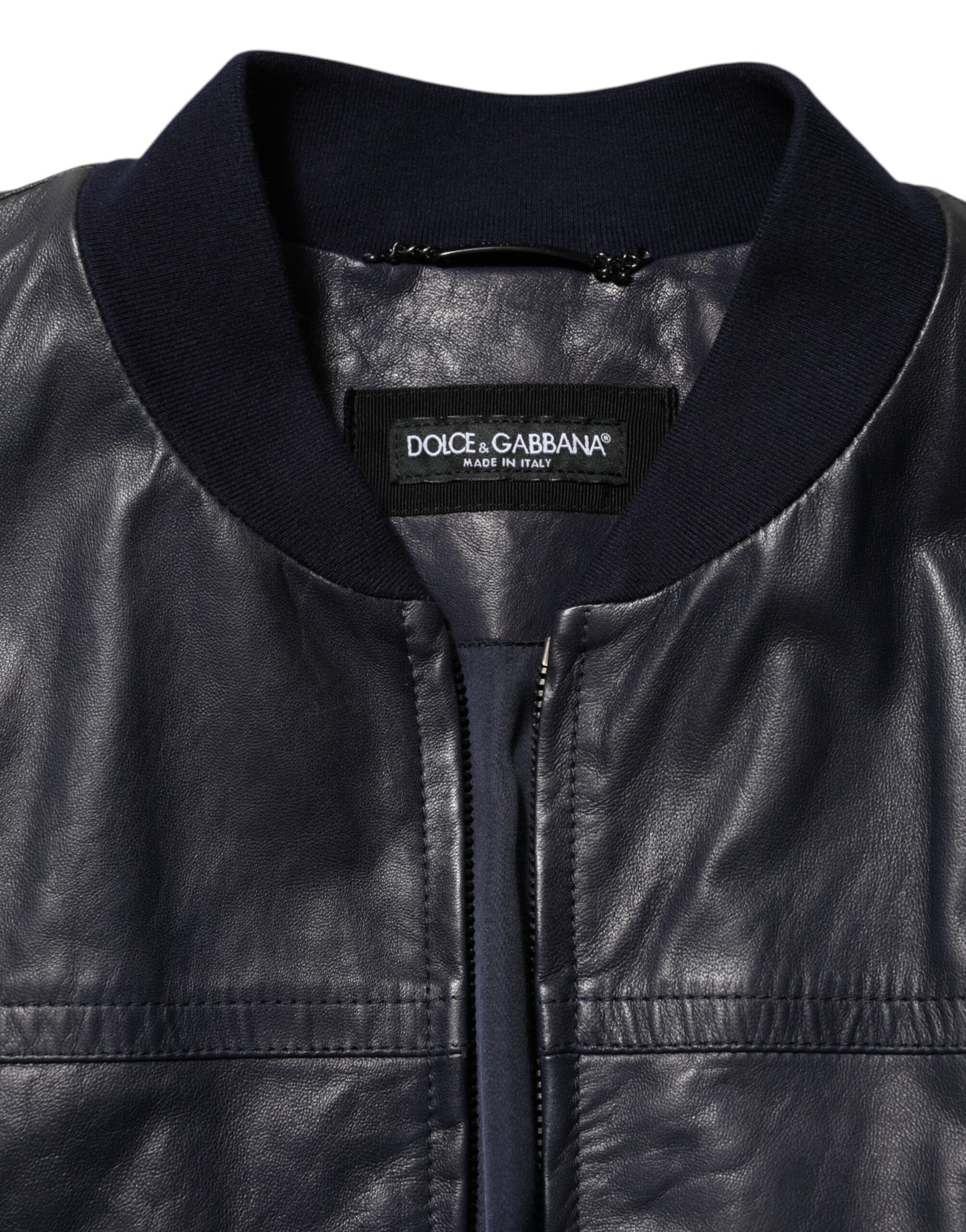 Blouson en cuir bleu à fermeture éclair intégrale, style motard, Dolce & Gabbana