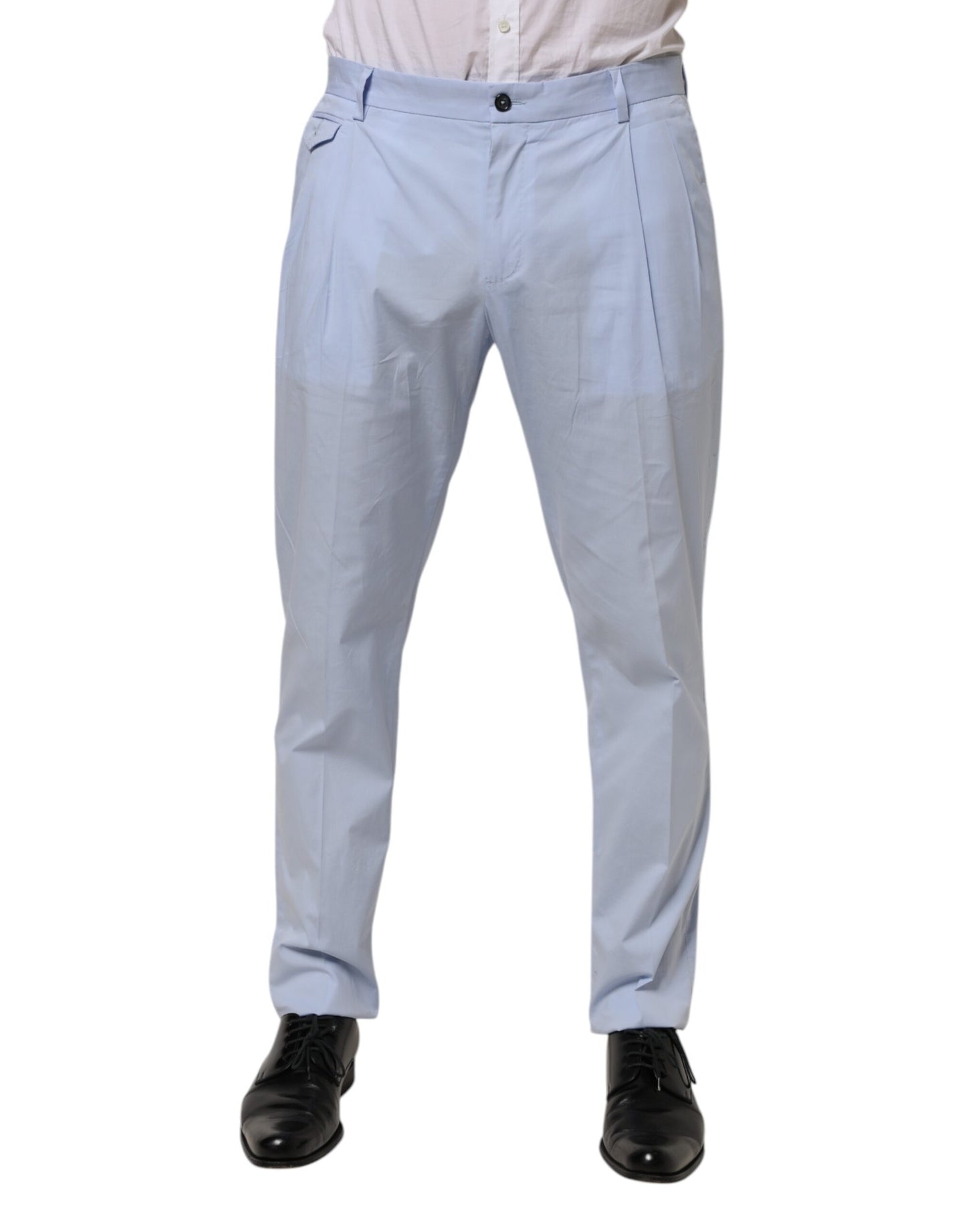 Pantalon homme Dolce & Gabbana en coton stretch bleu clair, coupe fuselée.