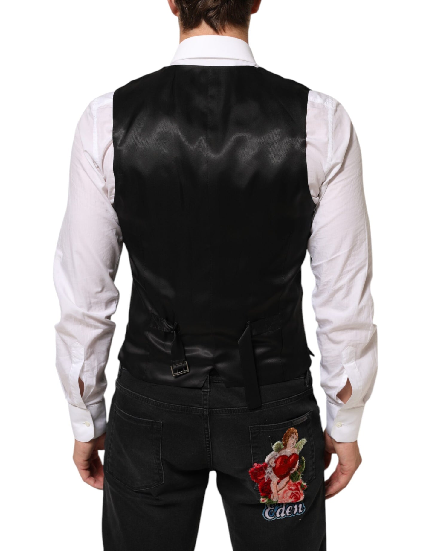 Gilet sans manches noir en laine pour homme, Dolce & Gabbana, pour tenue formelle.
