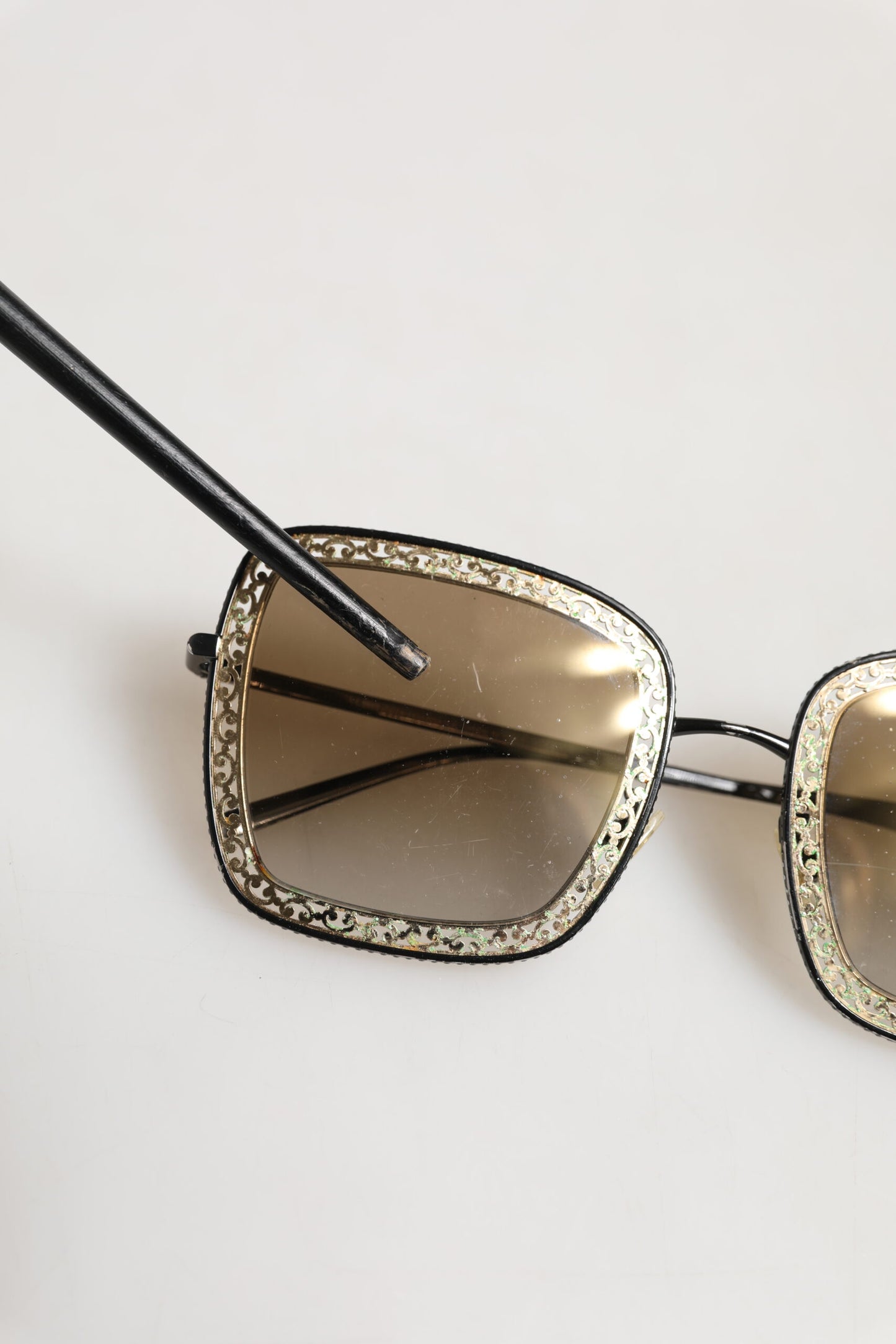 Dolce & Gabbana DG2225 Black Gold Lace Frame Brown Gradient Sunglasses