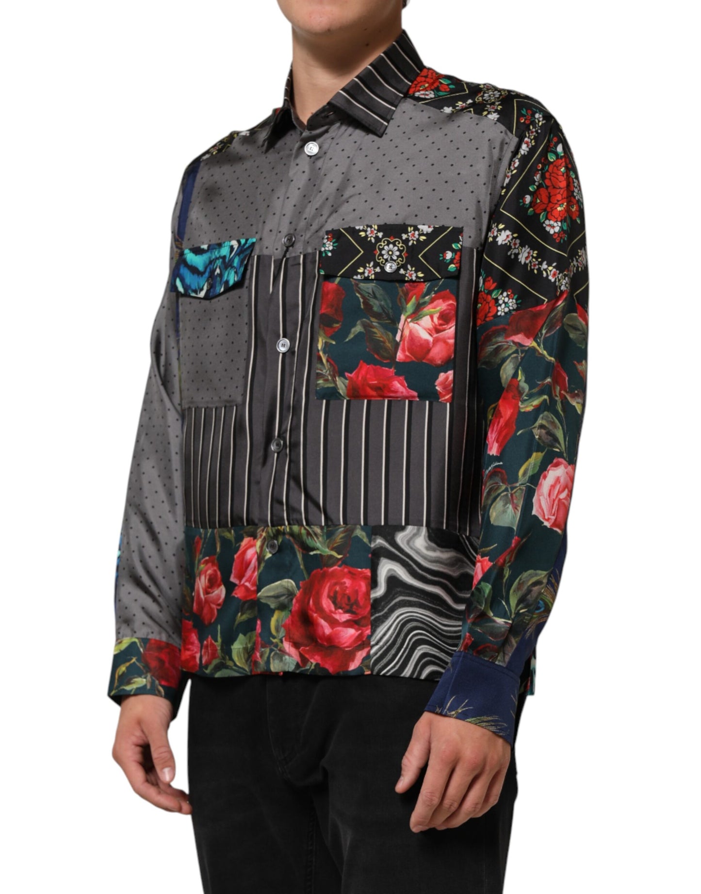 Chemise en soie à manches longues multicolore et patchwork de Dolce & Gabbana