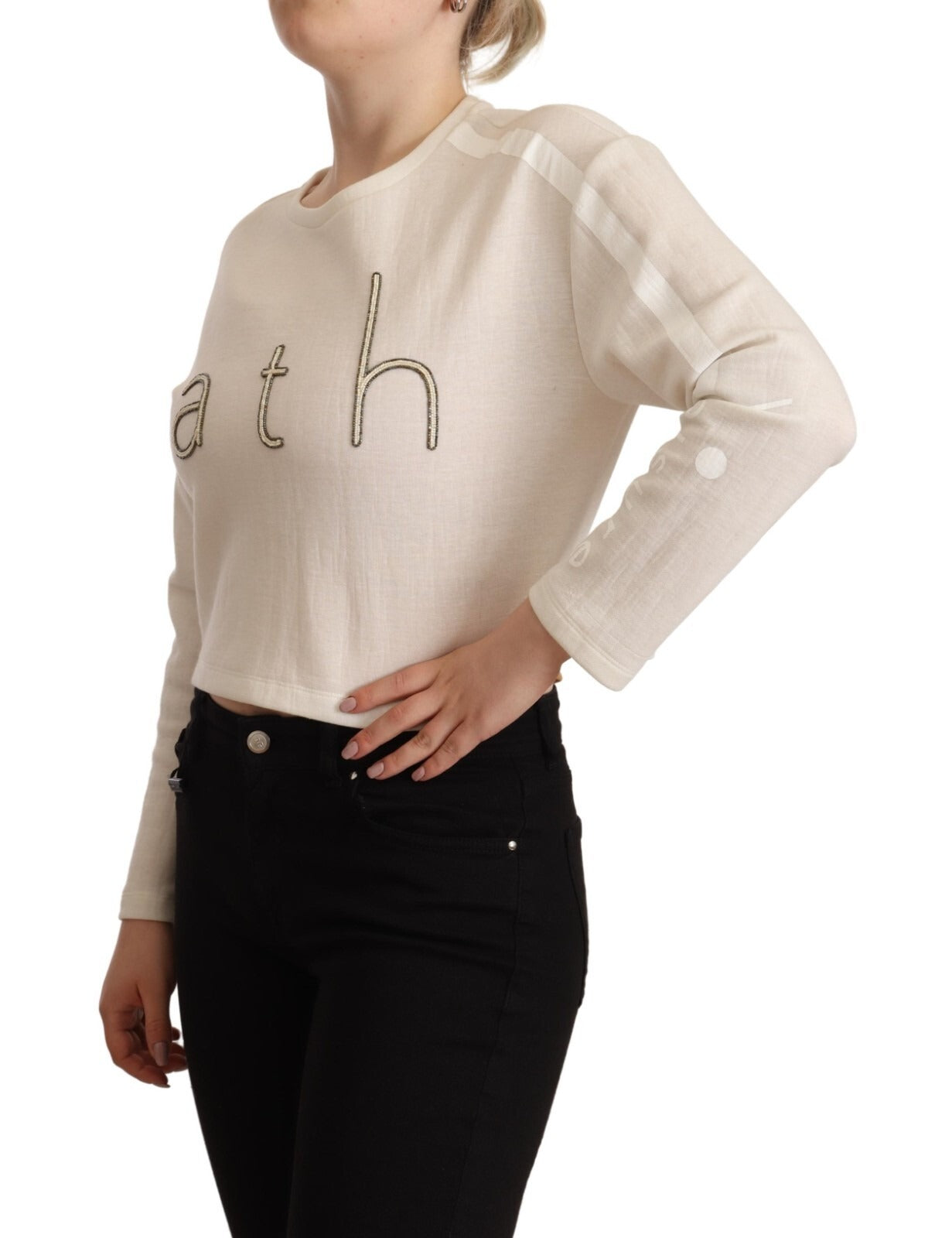 PINKO Beige Logo Long Sleeve Cropped Pullover Sweater