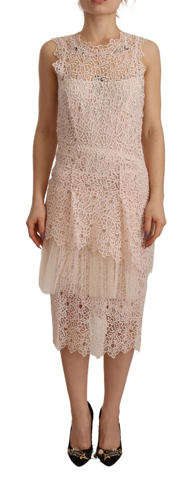 Ermanno Scervino Sheath Tiered Beige Midi Dress - Sleeveless Elegance