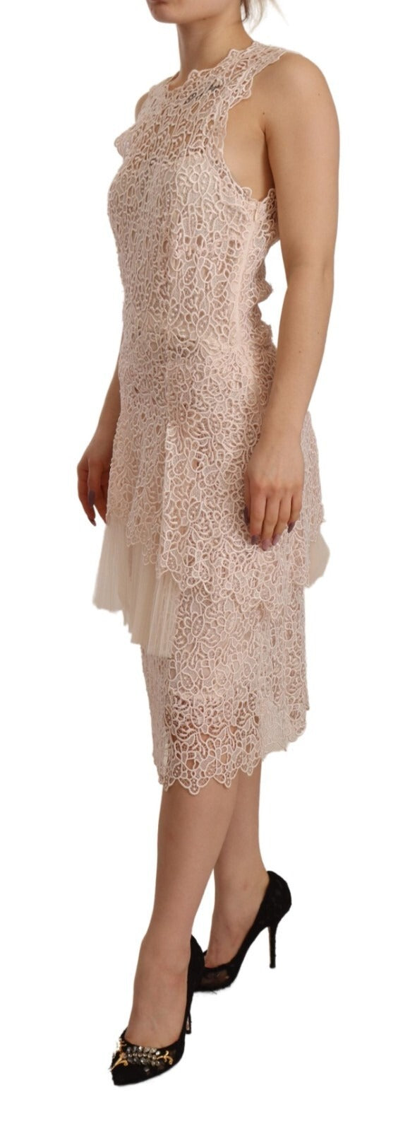 Ermanno Scervino Sheath Tiered Beige Midi Dress - Sleeveless Elegance