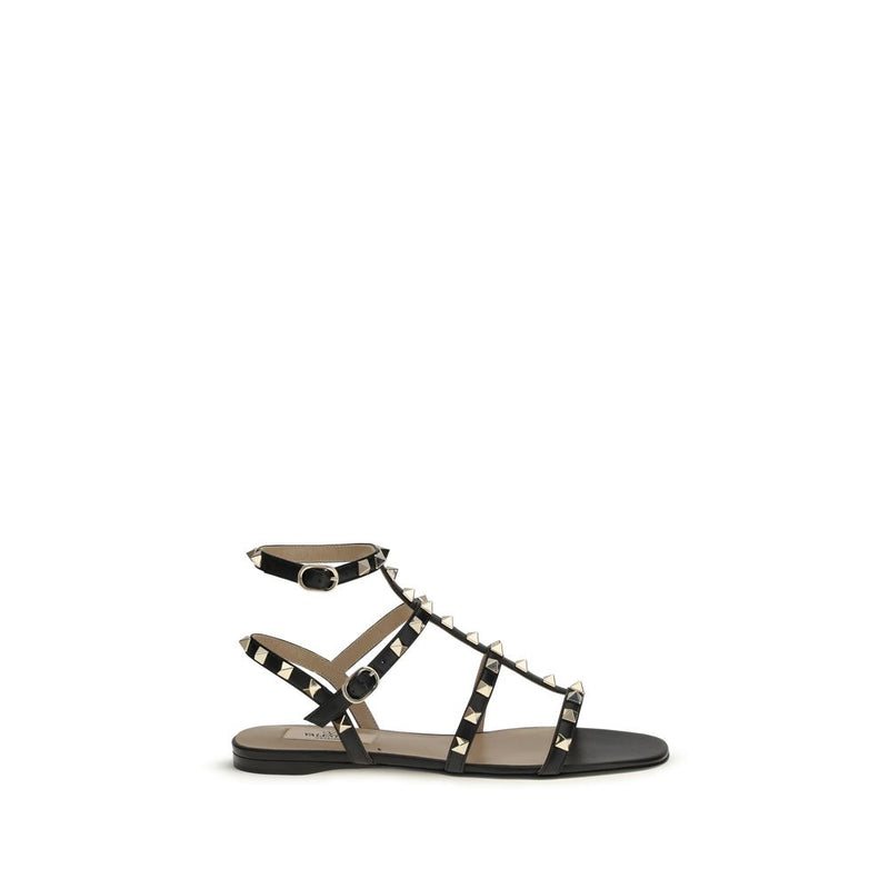 Valentino Garavani Black Calf Leather Rockstud Flat Sandals