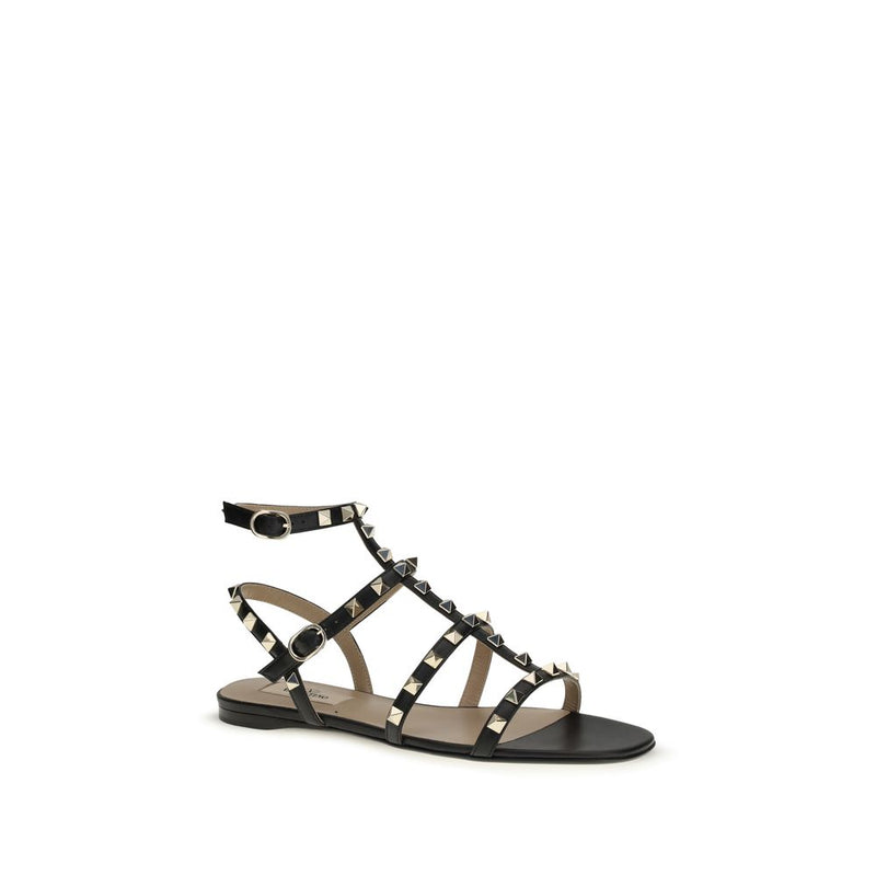 Valentino Garavani Black Calf Leather Rockstud Flat Sandals