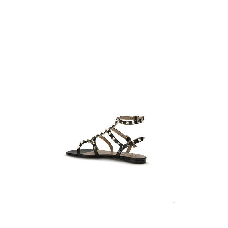 Valentino Garavani Black Calf Leather Rockstud Flat Sandals