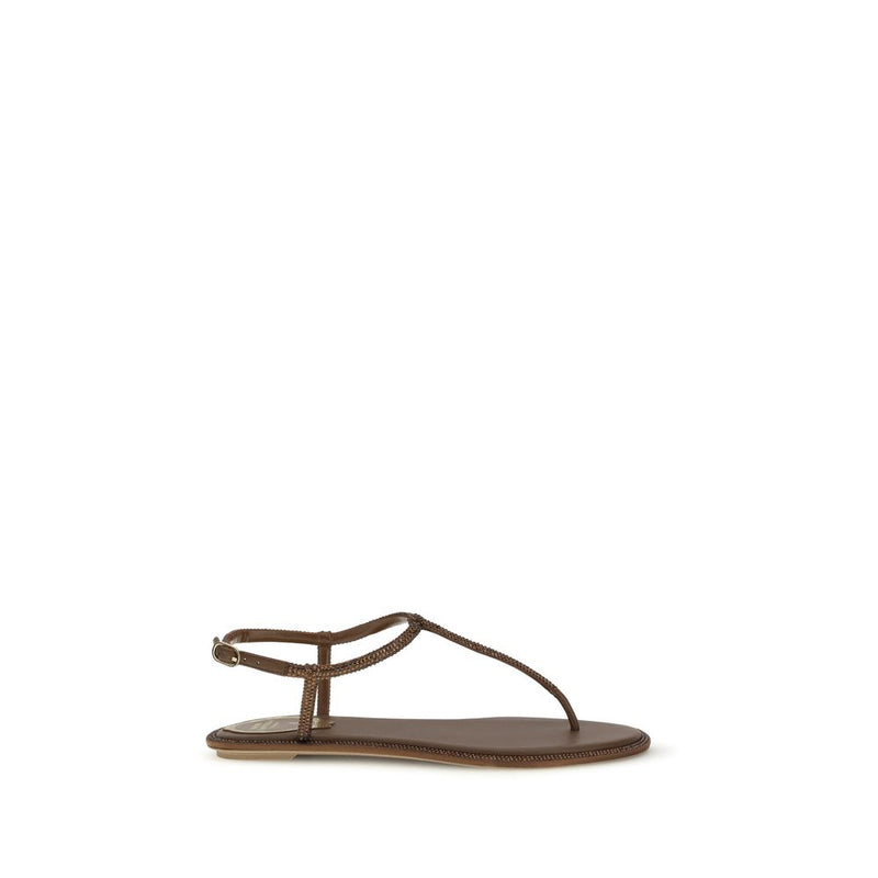 RENE CAOVILLA Diana Brown Satin Flat Sandals with Crystals
