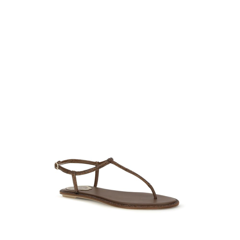 RENE CAOVILLA Diana Brown Satin Flat Sandals with Crystals