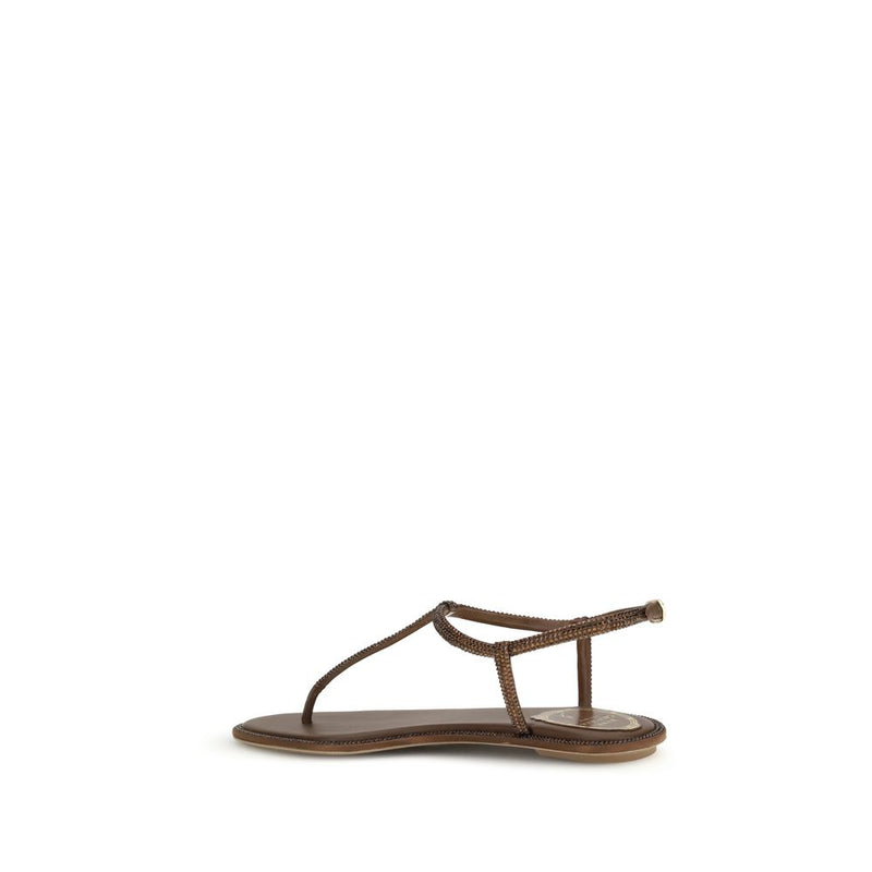 RENE CAOVILLA Diana Brown Satin Flat Sandals with Crystals