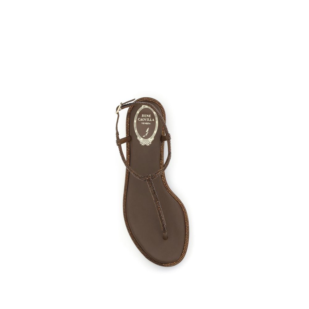 RENE CAOVILLA Diana Brown Satin Flat Sandals with Crystals