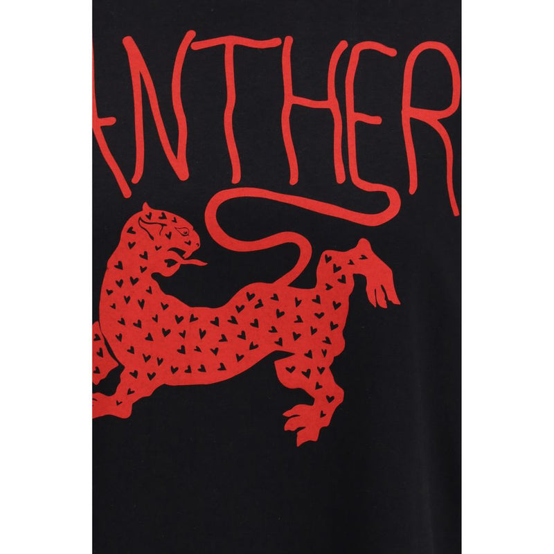 Valentino Black Cotton T-Shirt with Panther Graphic Design