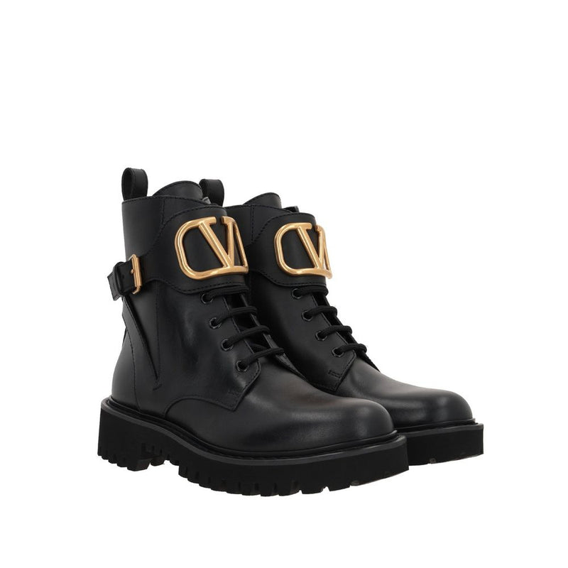 Bottes à Lacets en Cuir de Veau Noir Valentino Garavani pour Femme