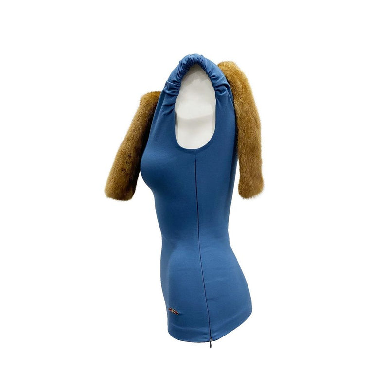 Dsquared² Blue Viscose Tank Top with Mink Fur Collar
