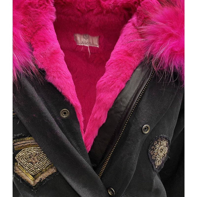 Parka en Coton Noir AS65 avec Doublure en Fourrure Écologique