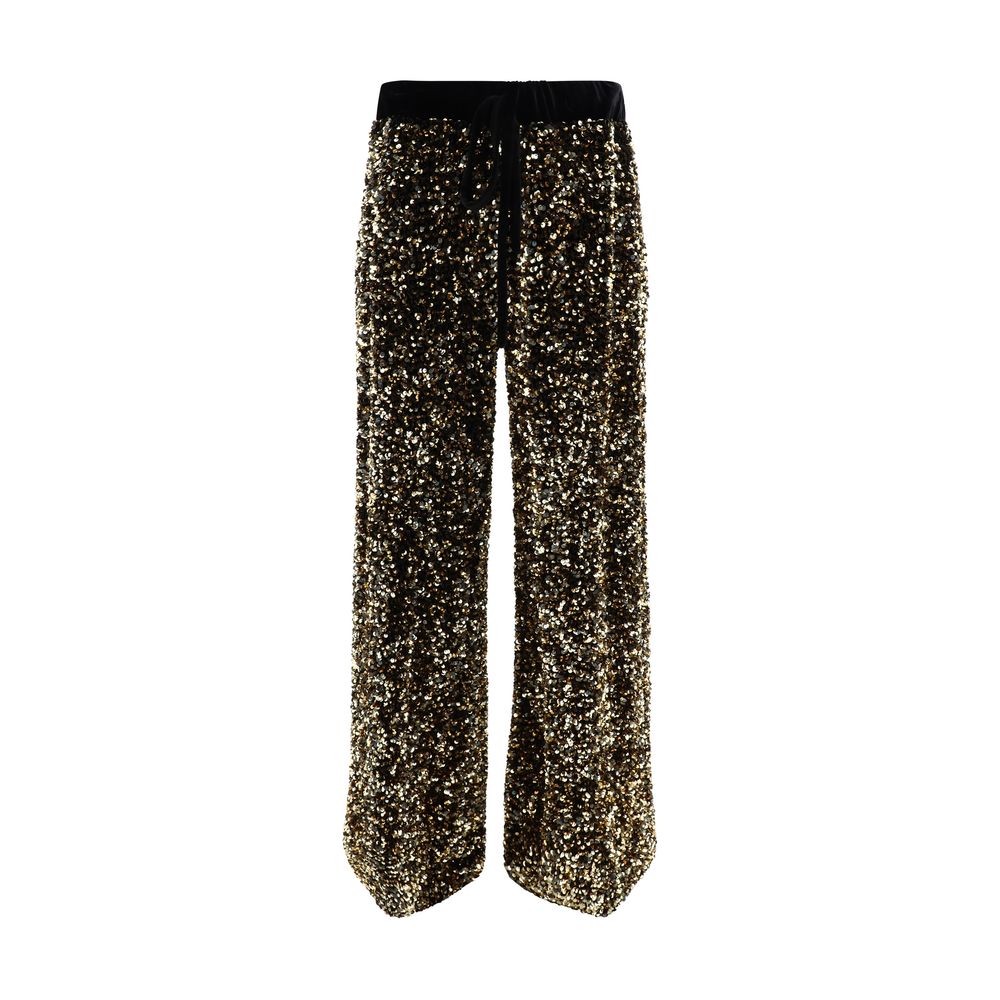 Ella Gold Polyamide Casual Pants - Velvet-Effect Palazzo Style