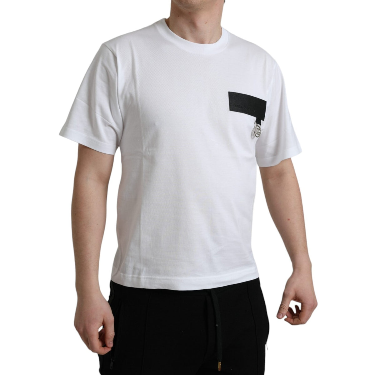 T-shirt en coton à col rond avec patch logo blanc Dolce &amp; Gabbana