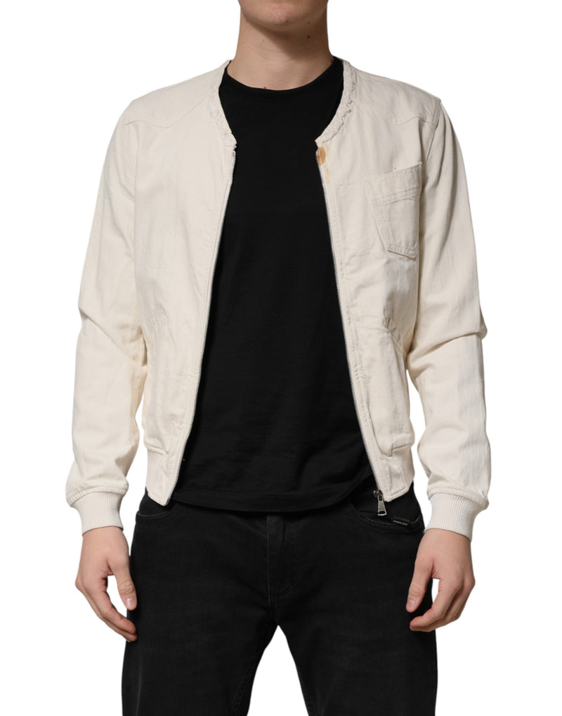 Veste blouson en denim Dolce &amp; Gabbana Off White Cotton à fermeture éclair intégrale pour homme