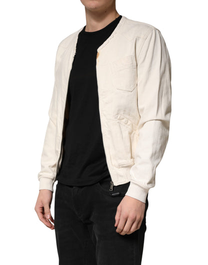 Veste blouson en denim Dolce &amp; Gabbana Off White Cotton à fermeture éclair intégrale pour homme