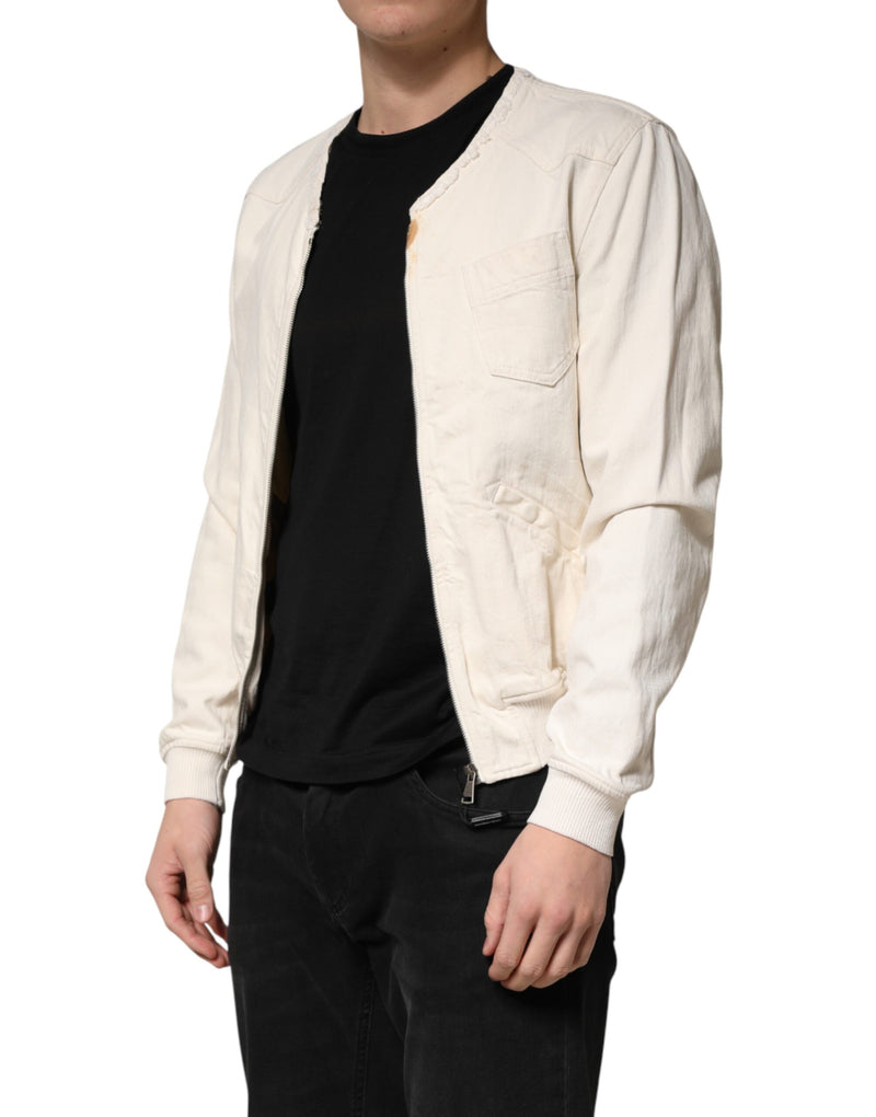 Veste blouson en denim Dolce &amp; Gabbana Off White Cotton à fermeture éclair intégrale pour homme