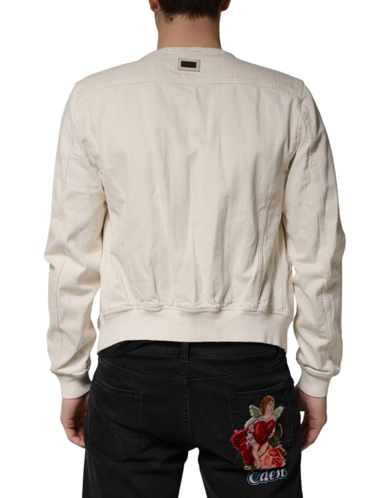 Veste blouson en denim Dolce &amp; Gabbana Off White Cotton à fermeture éclair intégrale pour homme