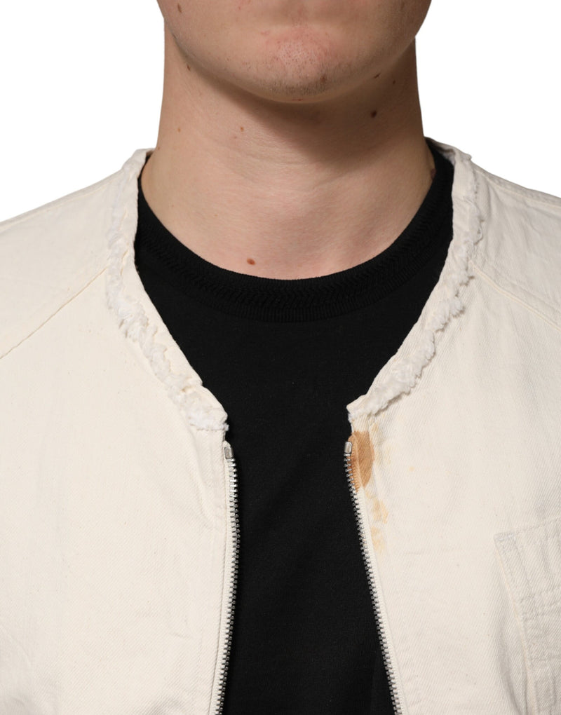 Veste blouson en denim Dolce &amp; Gabbana Off White Cotton à fermeture éclair intégrale pour homme
