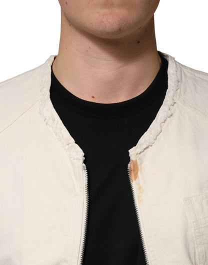 Veste blouson en denim Dolce &amp; Gabbana Off White Cotton à fermeture éclair intégrale pour homme