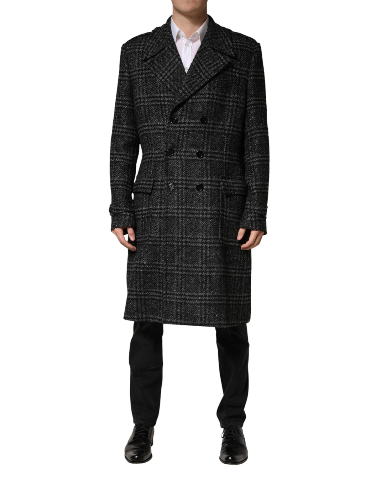 Manteau croisé en laine à carreaux gris Dolce &amp; Gabbana