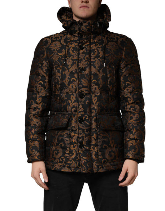 Dolce & Gabbana Zwart Gebloemd Jacquard Gewatteerd Jack met Capuchon