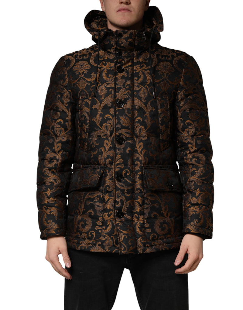 Dolce & Gabbana Zwart Gebloemd Jacquard Gewatteerd Jack met Capuchon