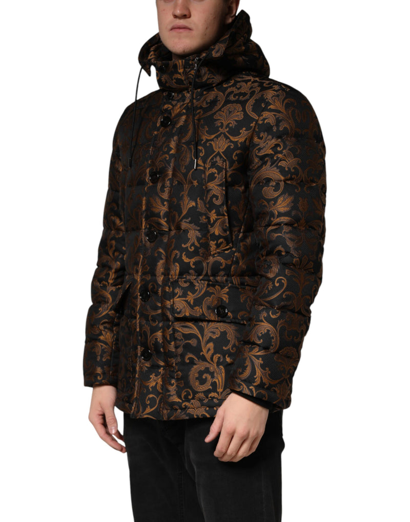 Dolce & Gabbana Zwart Gebloemd Jacquard Gewatteerd Jack met Capuchon