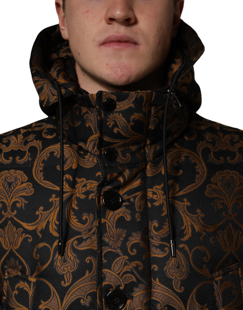 Dolce & Gabbana Zwart Gebloemd Jacquard Gewatteerd Jack met Capuchon