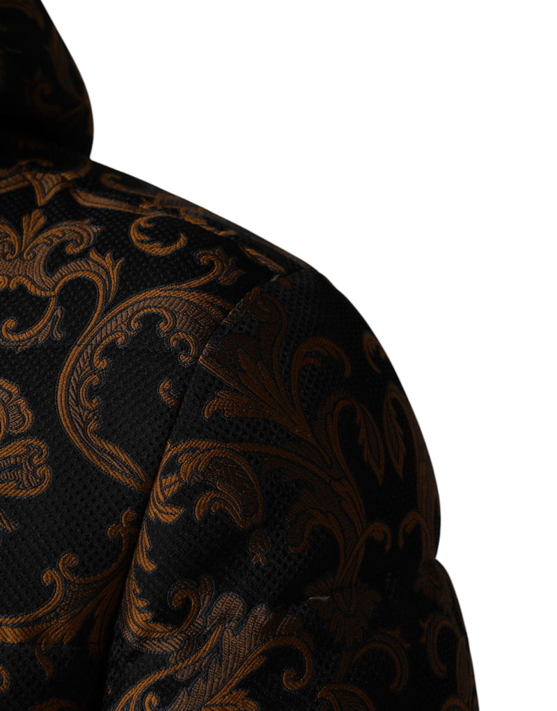 Dolce & Gabbana Zwart Gebloemd Jacquard Gewatteerd Jack met Capuchon