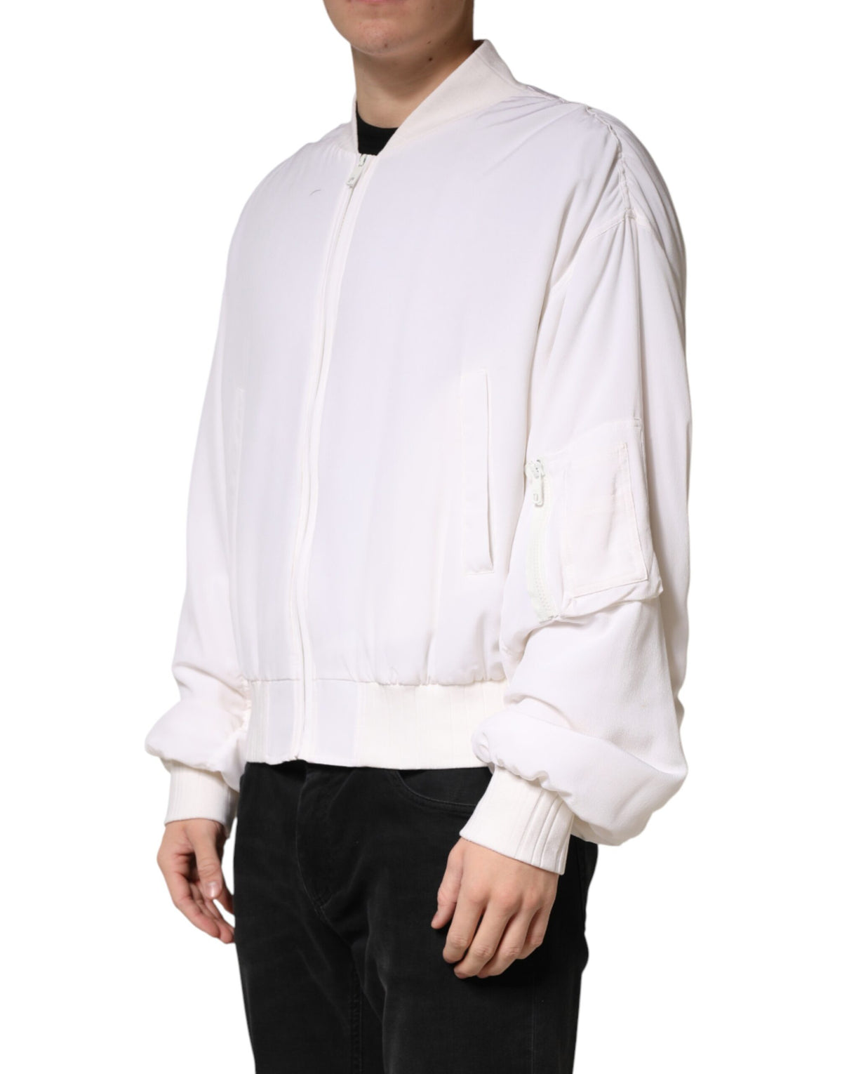 Dolce &amp; Gabbana Veste bomber blanche en soie à fermeture éclair intégrale