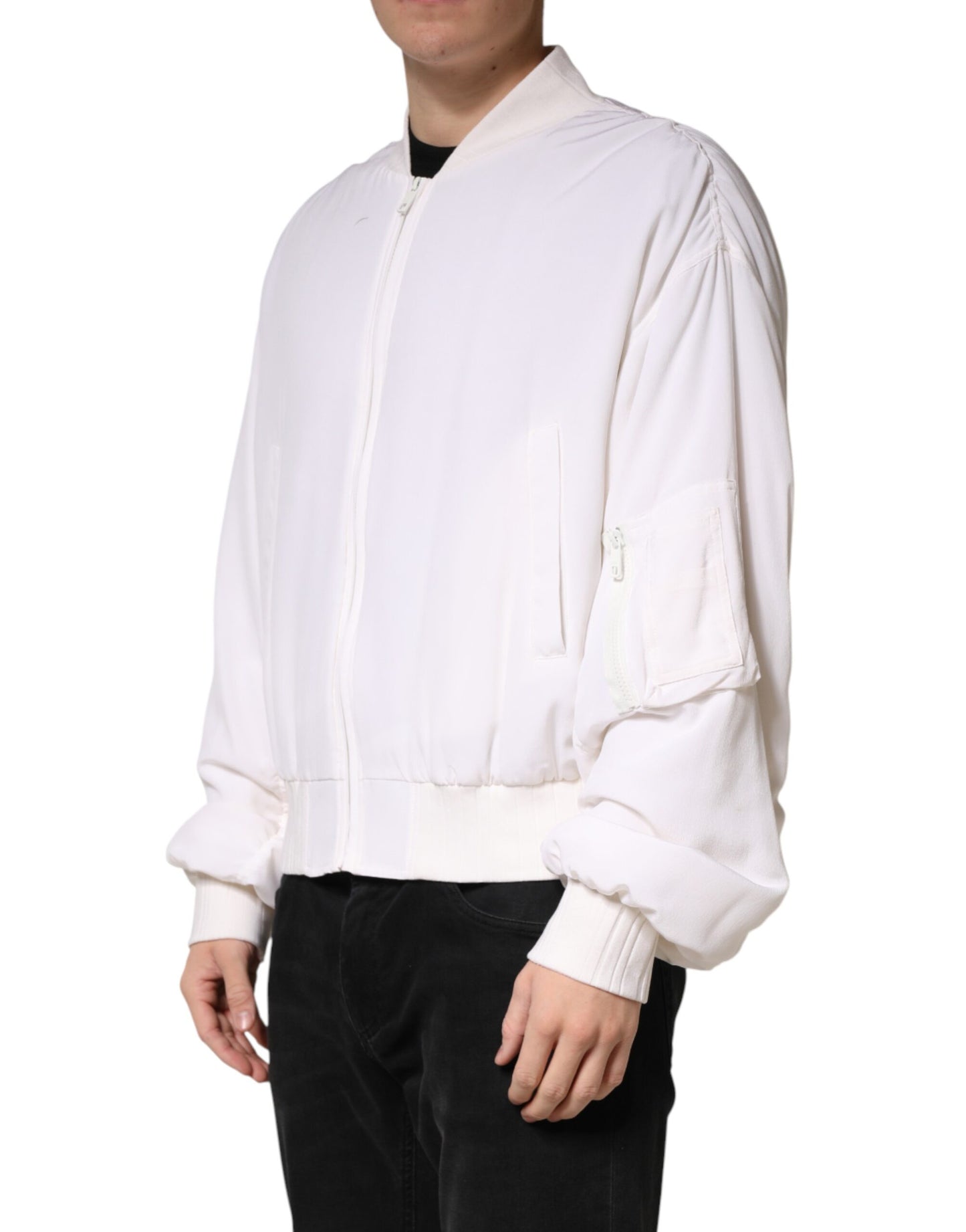 Dolce &amp; Gabbana Veste bomber blanche en soie à fermeture éclair intégrale
