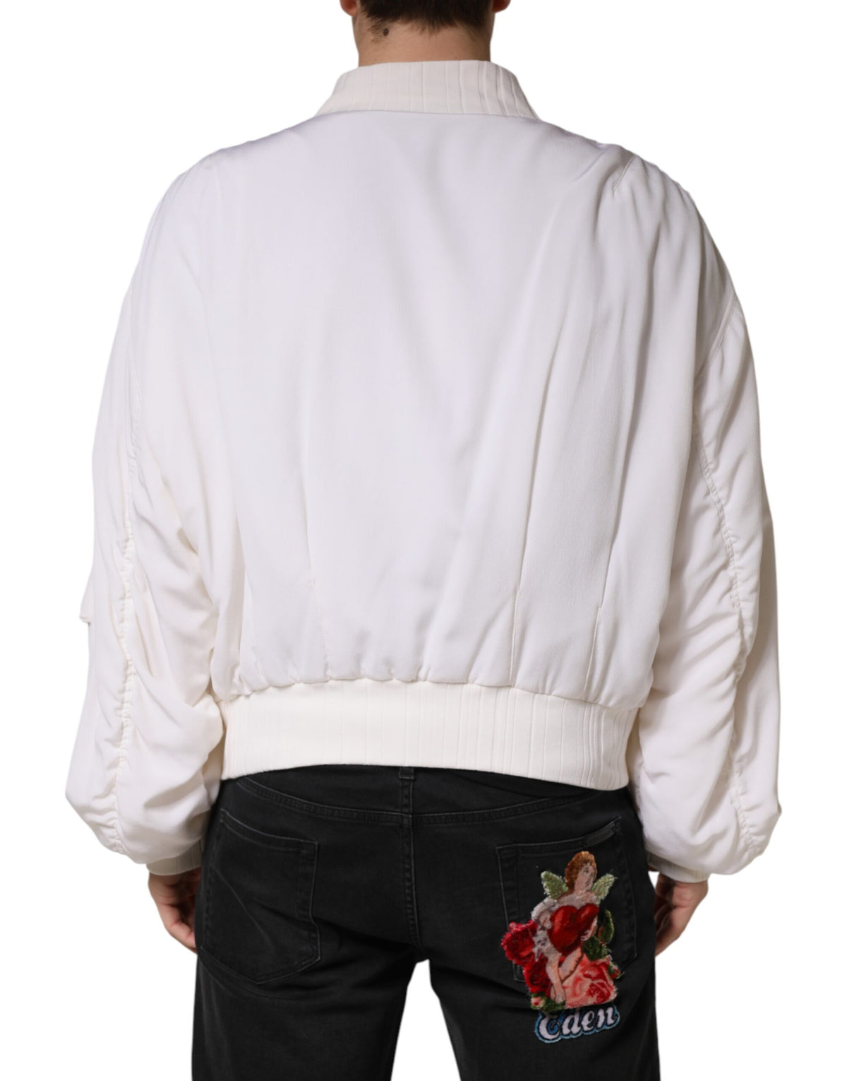 Dolce &amp; Gabbana Veste bomber blanche en soie à fermeture éclair intégrale
