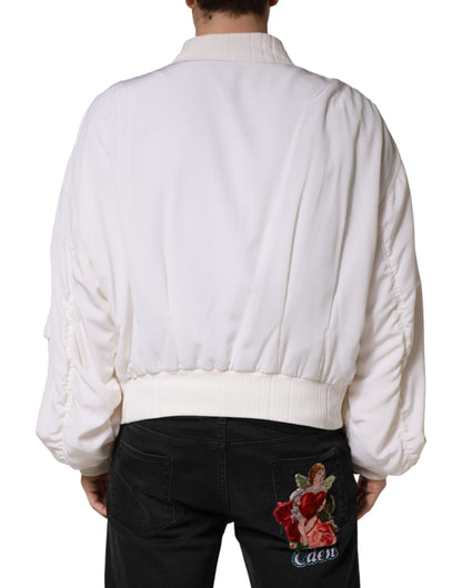Dolce &amp; Gabbana Veste bomber blanche en soie à fermeture éclair intégrale