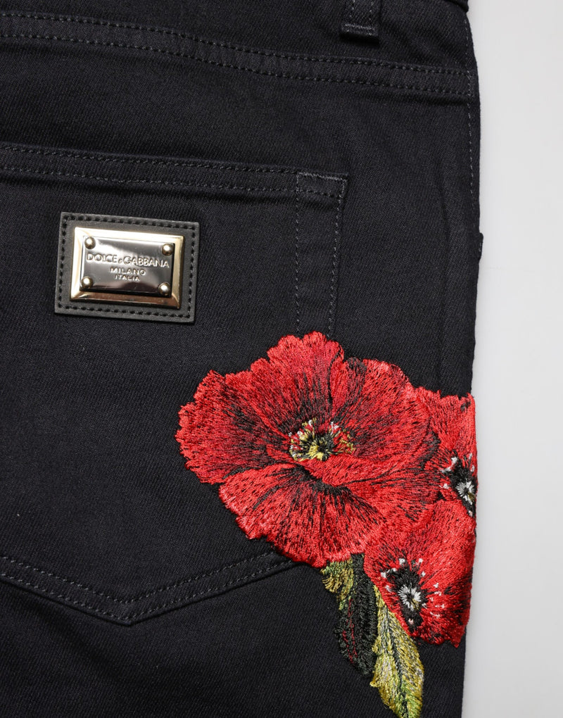 Dolce & Gabbana Black Floral Cotton Skinny Men Denim Jeans