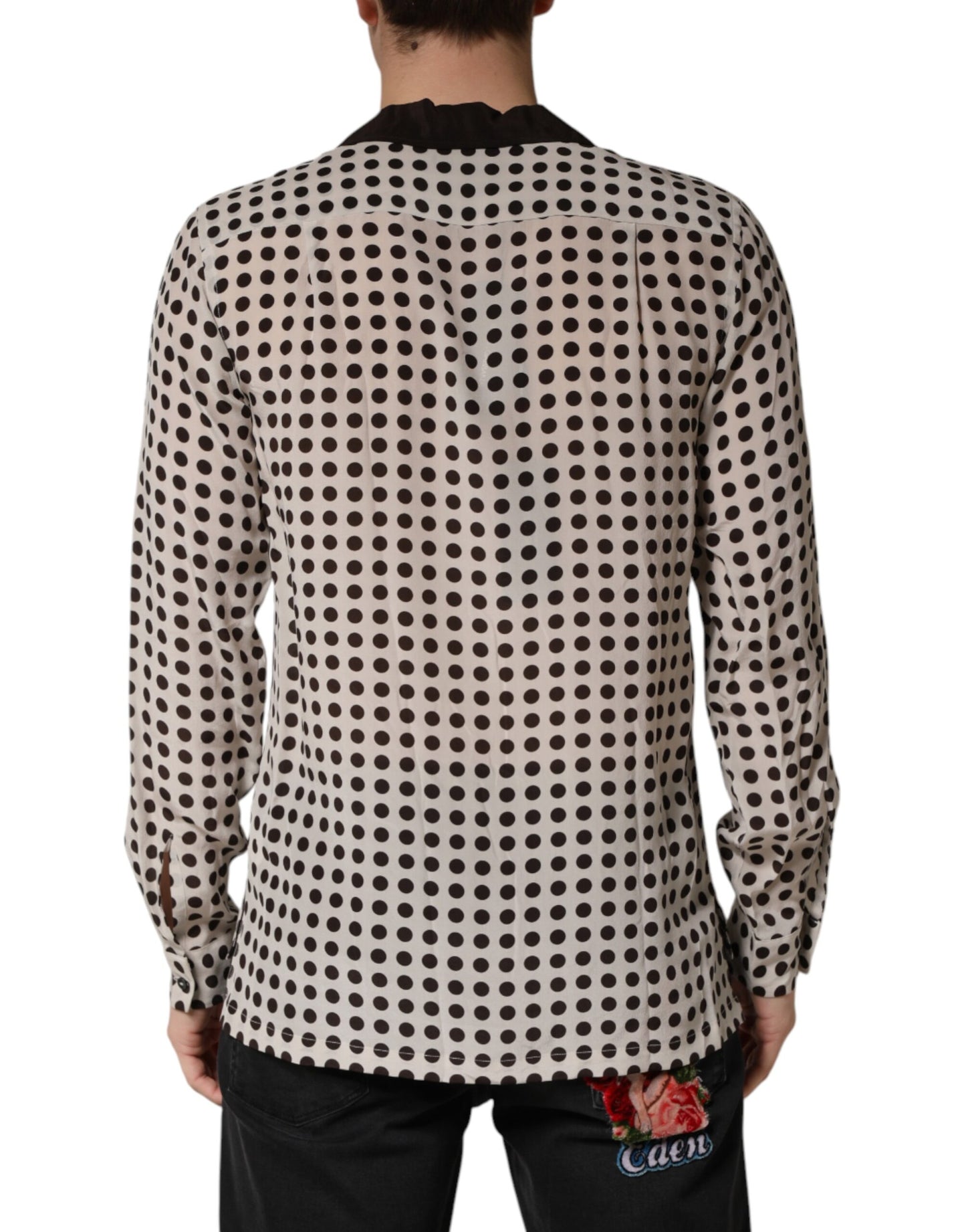 Chemise décontractée en soie Dolce &amp; Gabbana blanche à pois noirs pour homme