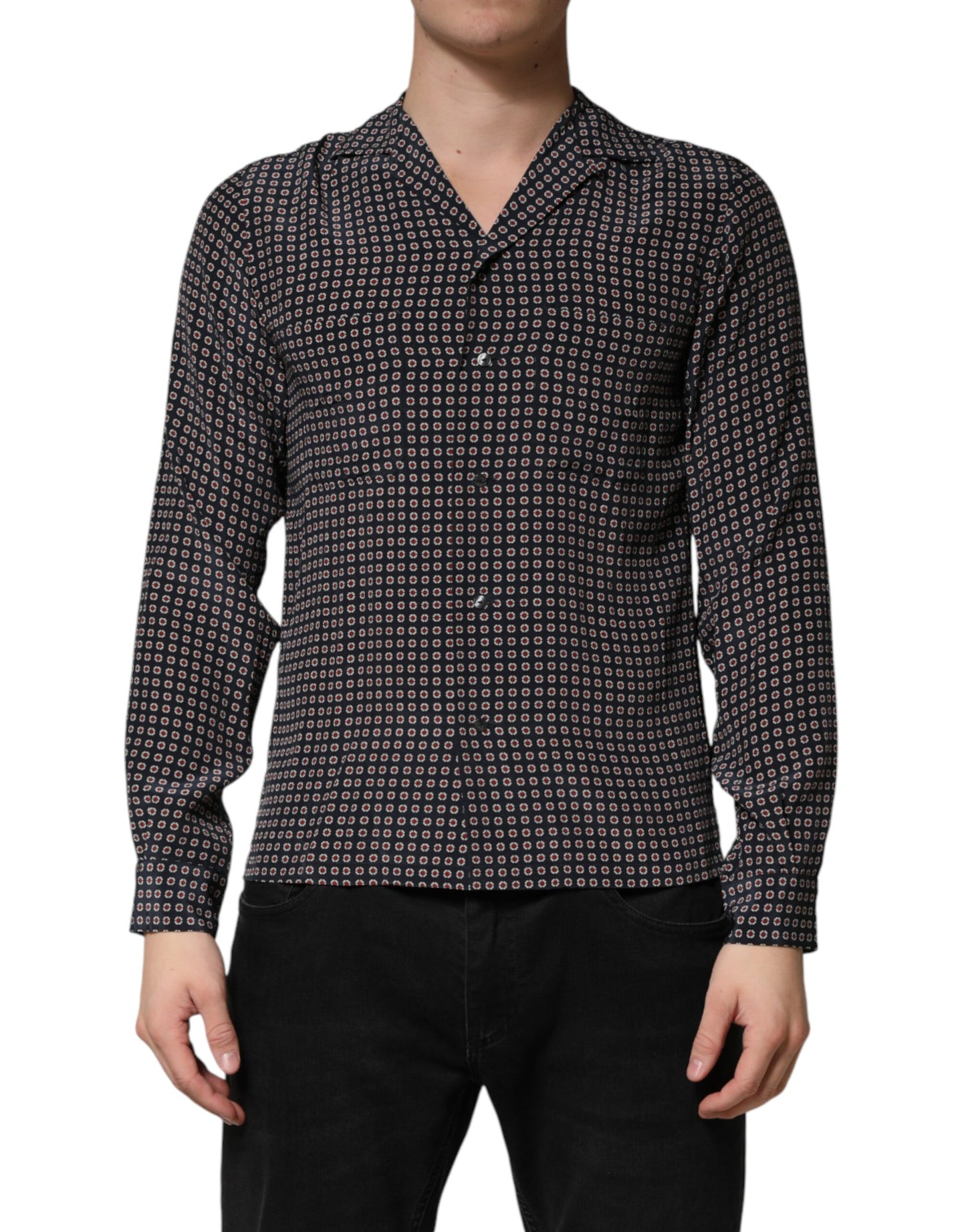 Chemise à boutons en soie noire à motifs Dolce &amp; Gabbana pour homme