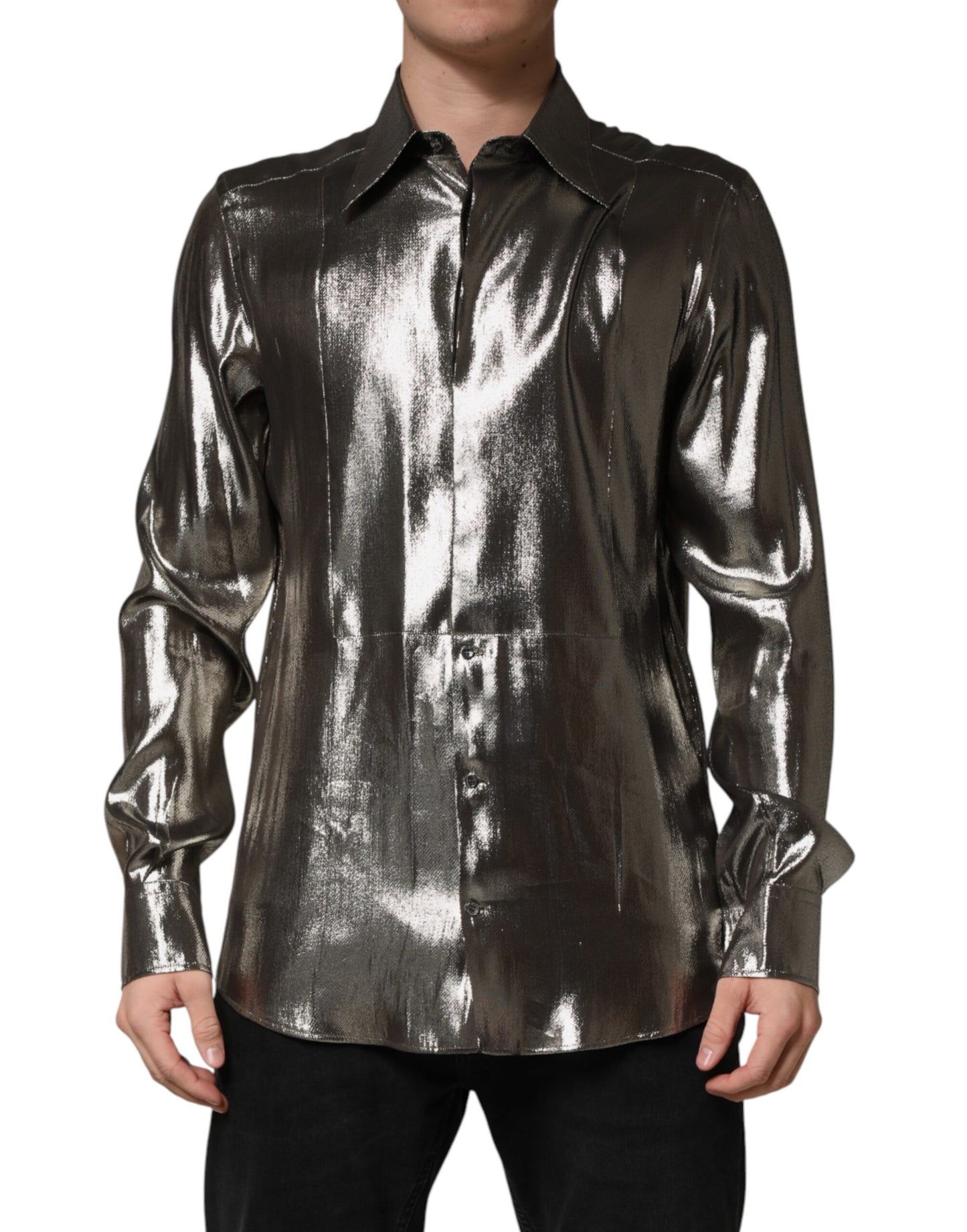 Chemise habillée Dolce &amp; Gabbana en soie argentée et col doré