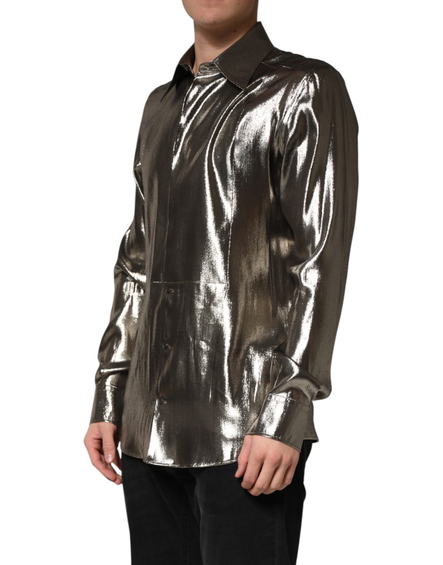 Chemise habillée Dolce &amp; Gabbana en soie argentée et col doré