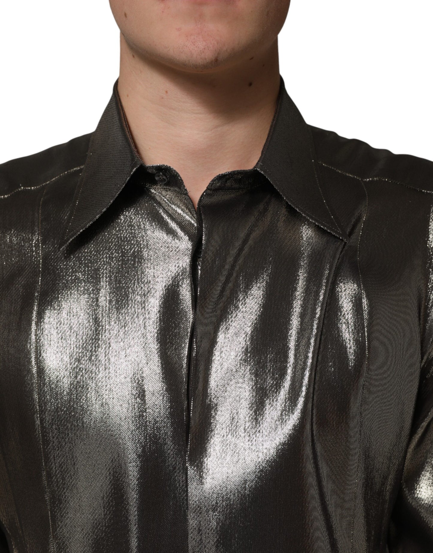Chemise habillée Dolce &amp; Gabbana en soie argentée et col doré