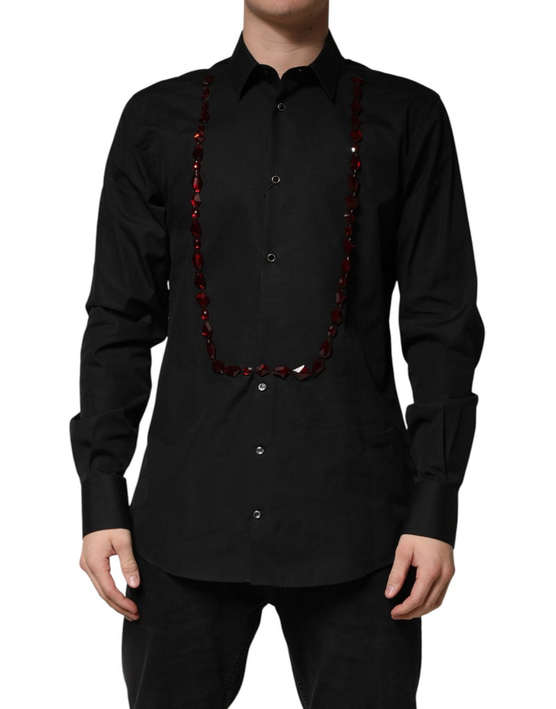 Chemise habillée en coton Dolce &amp; Gabbana noire à cristaux dorés