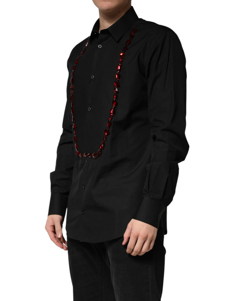 Chemise habillée en coton Dolce &amp; Gabbana noire à cristaux dorés