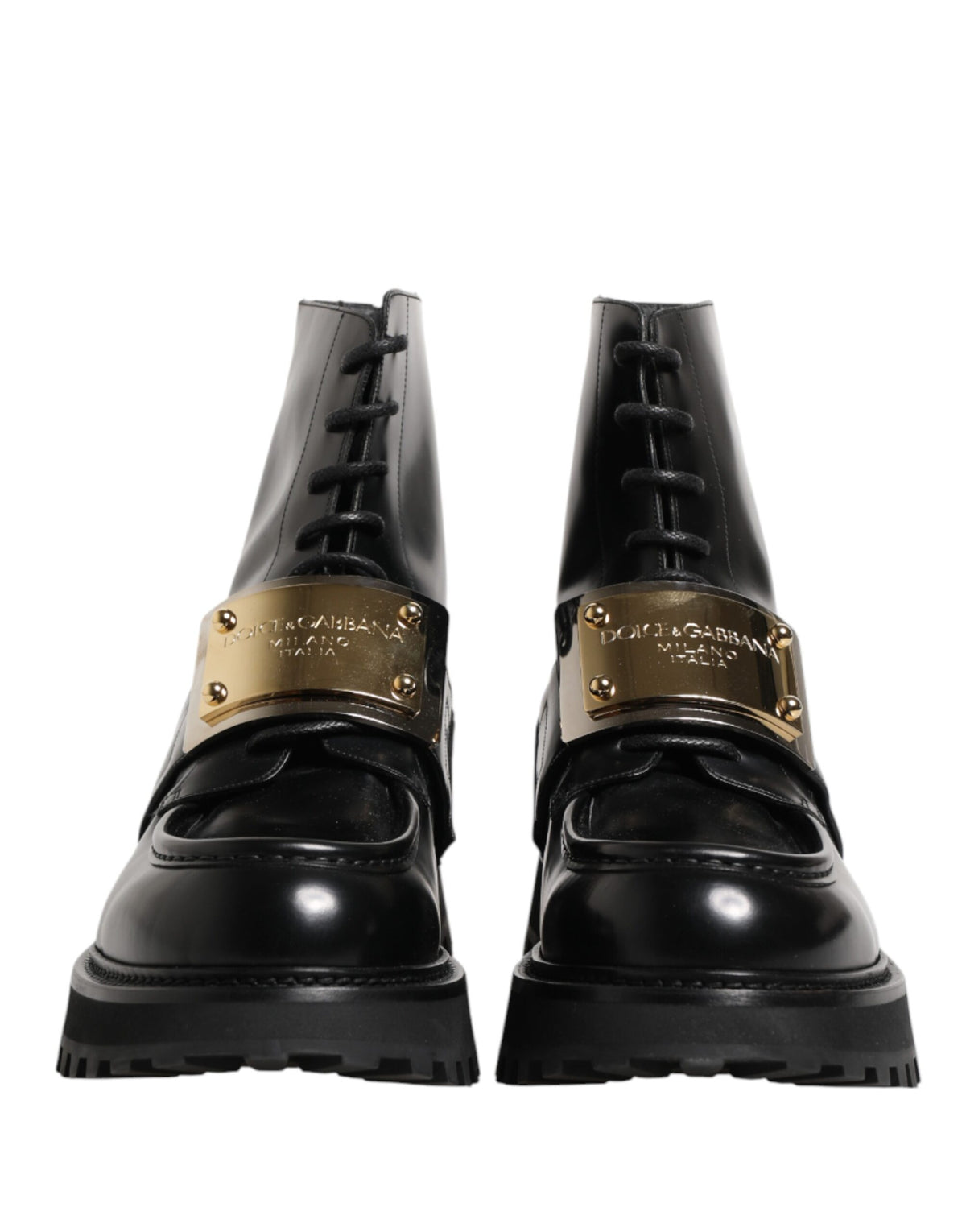 Dolce & Gabbana Black Leather DG Plaque Lace-Up Boots