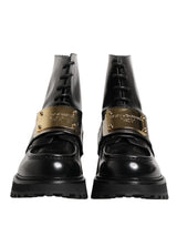 Dolce & Gabbana Black Leather DG Plaque Lace-Up Boots