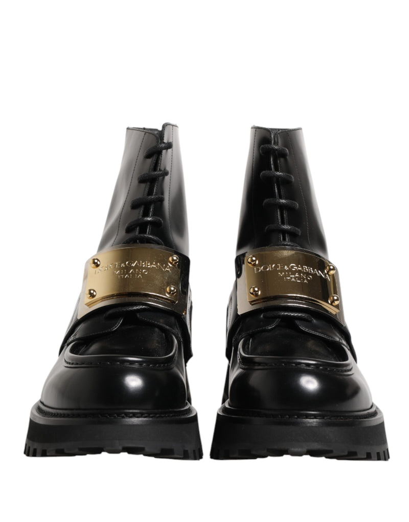 Dolce & Gabbana Black Leather DG Plaque Lace-Up Boots